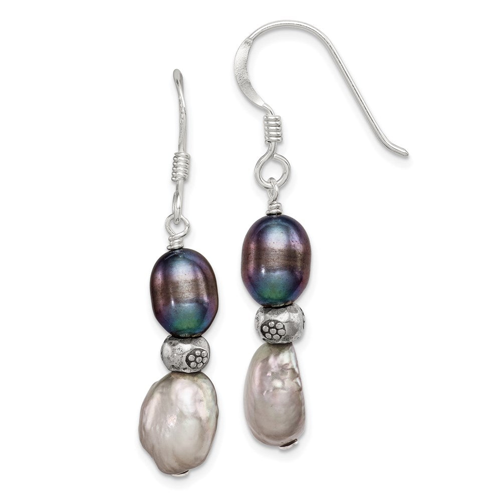 QE5944 Sterling Silver Polished Antiqued & Beaded Grey & Black 7-8mm Freshwater Cultured Pearl Dangle Earrings