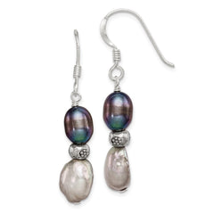 QE5944 Sterling Silver Polished Antiqued & Beaded Grey & Black 7-8mm Freshwater Cultured Pearl Dangle Earrings