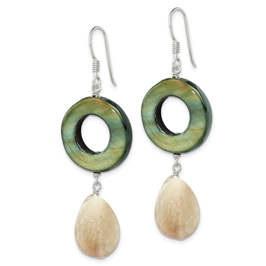 QE5948 Sterling Silver Polished Jade & Green Mother of Pearl Dangle Earrings