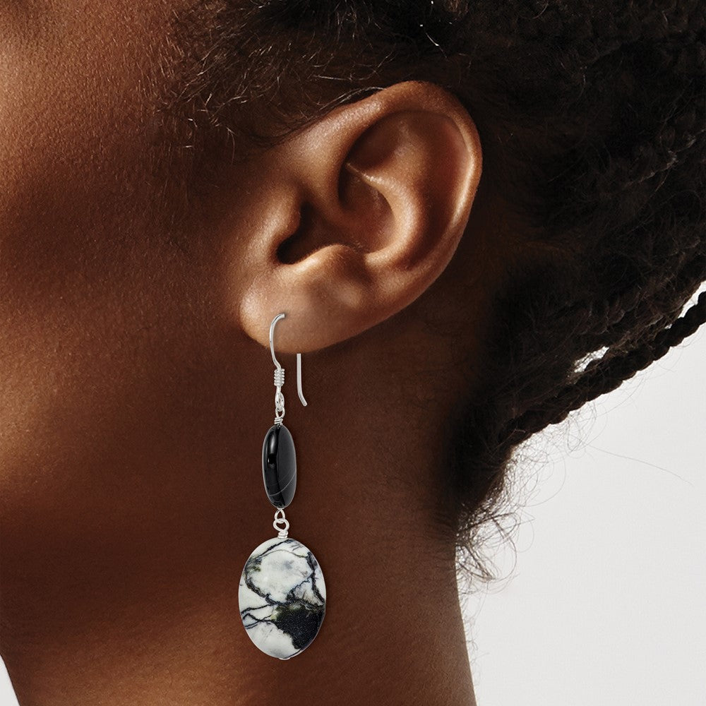 QE5977 Sterling Silver Polished Black Sardonyx & Zebra Jasper Dangle Earrings