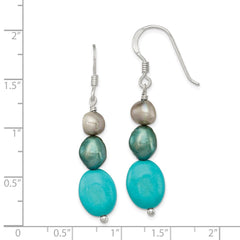 QE5982 Sterling Silver Turquoise, Grey & Green FW Cultured Pearl Dangle Earrings