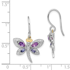 QE6072 Brilliant Gemstones Sterling Silver with 14K Accent Rhodium-plated Amethyst and Iolite and Diamond Dragonfly Earrings