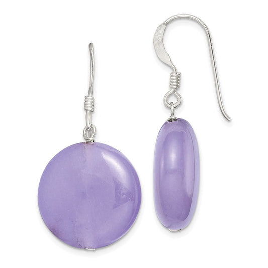 QE6159 Sterling Silver Polished Lavender Jade Circle Dangle Earrings