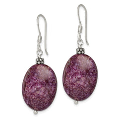 QE6176 Sterling Silver Polished & Beaded Purple Charoite Oval Dangle Earrings
