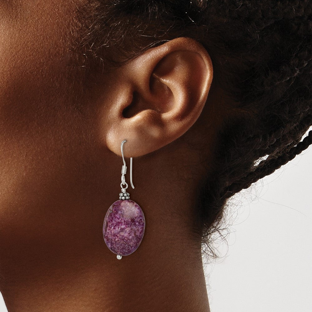 QE6176 Sterling Silver Polished & Beaded Purple Charoite Oval Dangle Earrings