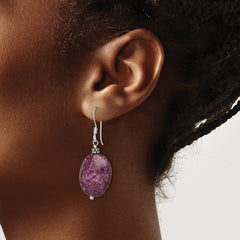 QE6176 Sterling Silver Polished & Beaded Purple Charoite Oval Dangle Earrings