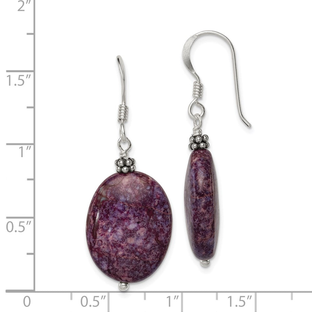 QE6176 Sterling Silver Polished & Beaded Purple Charoite Oval Dangle Earrings