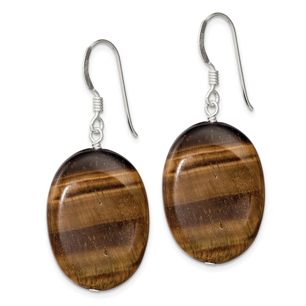 QE6197 Sterling Silver Polished Tiger's Eye Oval Dangle Earrings