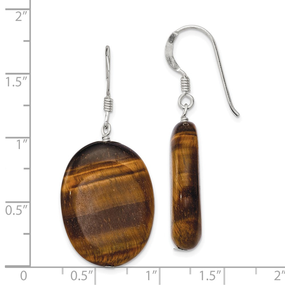 QE6197 Sterling Silver Polished Tiger's Eye Oval Dangle Earrings