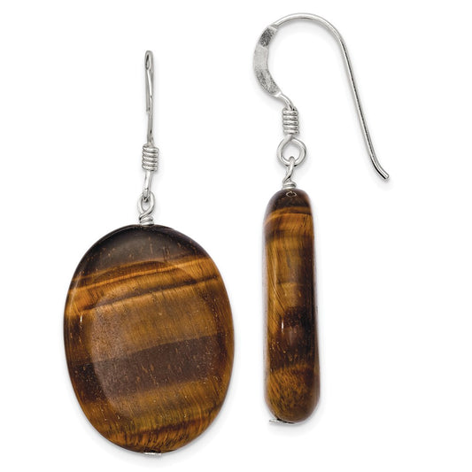 QE6197 Sterling Silver Polished Tiger's Eye Oval Dangle Earrings