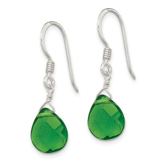 QE6205 Sterling Silver Polished Dark Green Crystal Teardrop Dangle Earrings