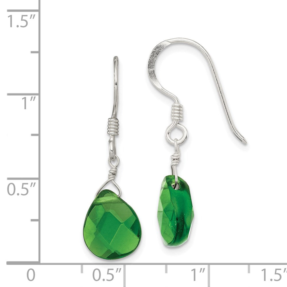 QE6205 Sterling Silver Polished Dark Green Crystal Teardrop Dangle Earrings