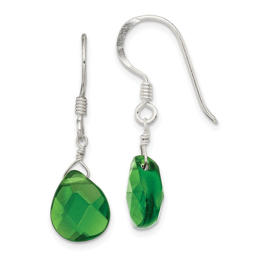 QE6205 Sterling Silver Polished Dark Green Crystal Teardrop Dangle Earrings