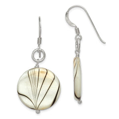 QE6211 Sterling Silver Polished Zebra Mother of Pearl Disc Dangle Earrings