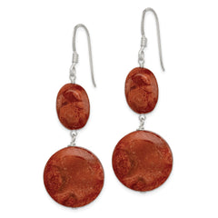 QE6212 Sterling Silver Polished Round & Oval Recon. Red Coral Dangle Earrings