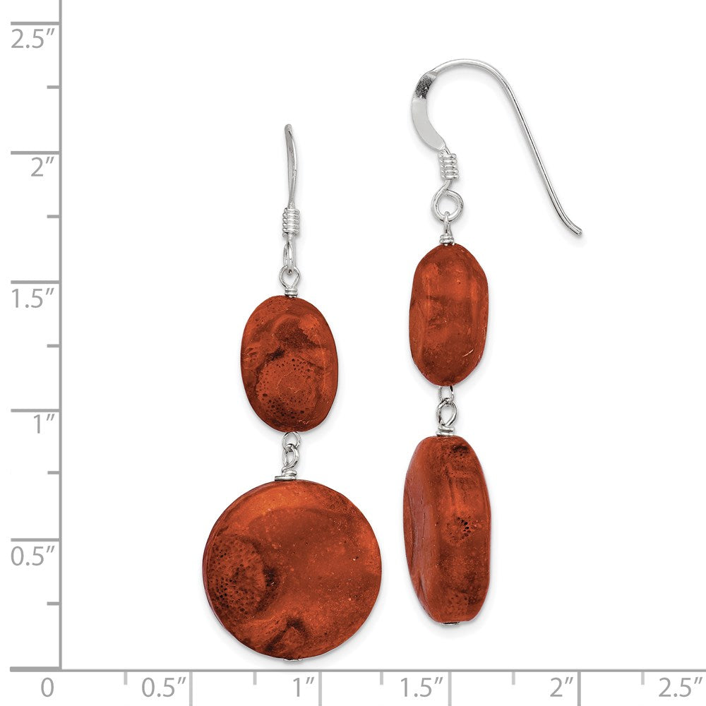 QE6212 Sterling Silver Polished Round & Oval Recon. Red Coral Dangle Earrings