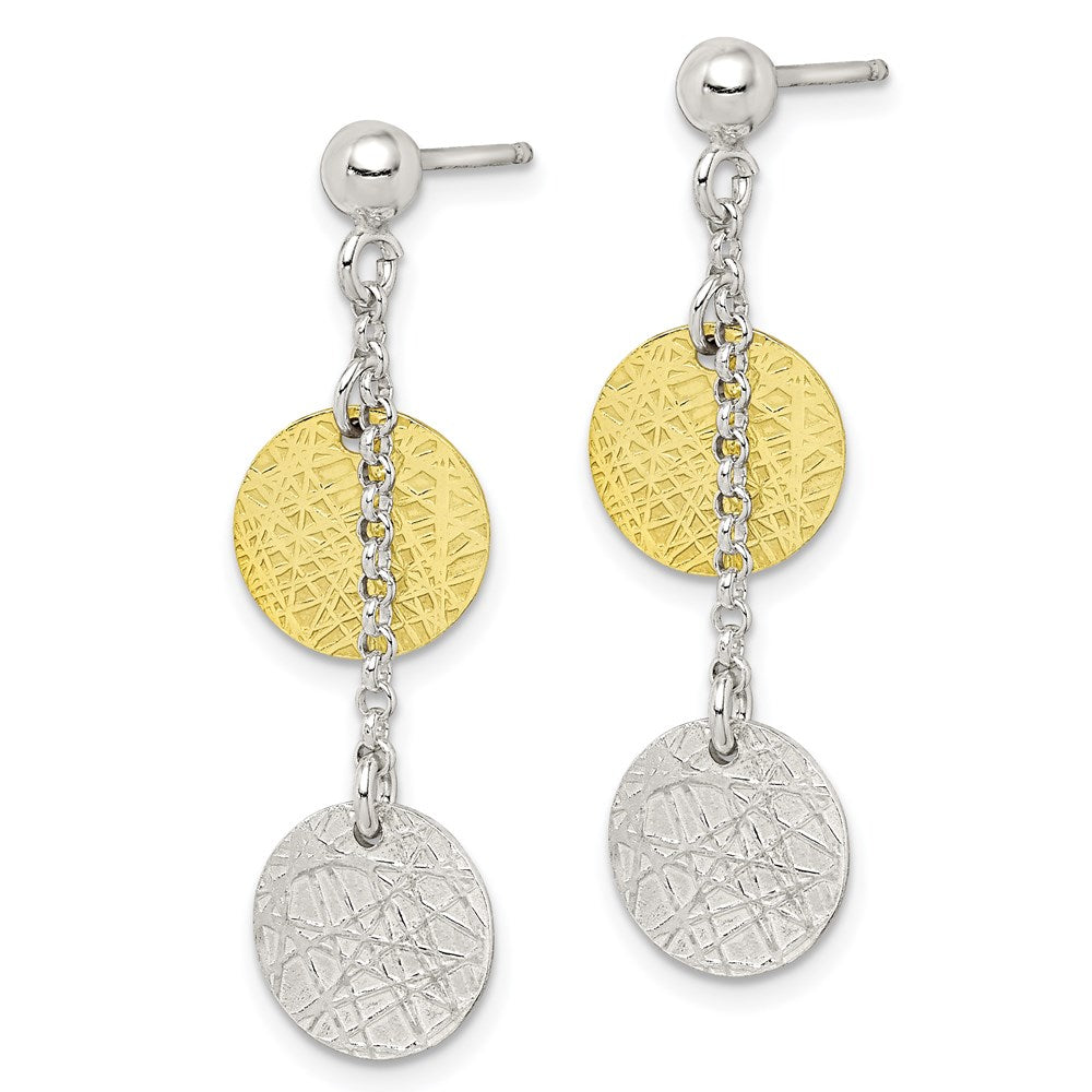 QE6310 Sterling Silver w/ Yellow Vermeil Polished & Textured Circle Dangle Earring