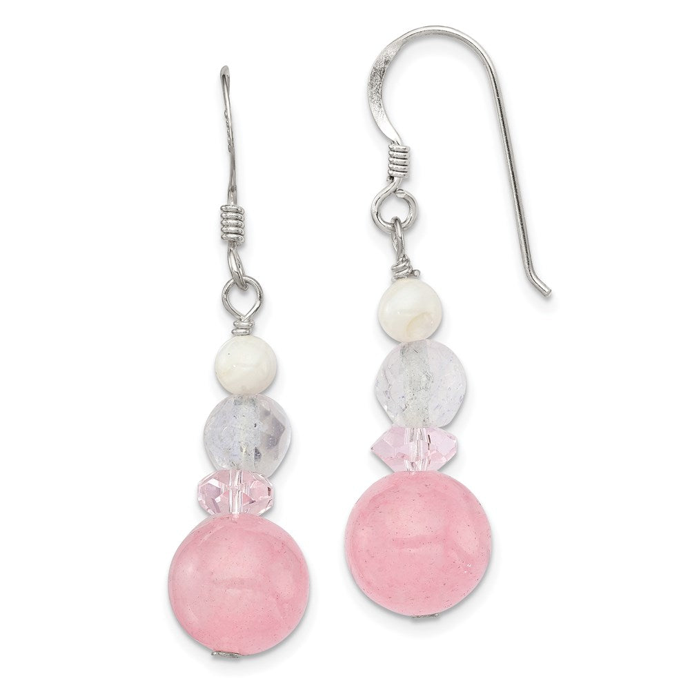 QE6326 Sterling Silver Polished Pink Crystal, Jade & Mother of Pearl Dangle Earrin