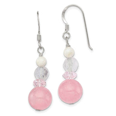 QE6326 Sterling Silver Polished Pink Crystal, Jade & Mother of Pearl Dangle Earrin