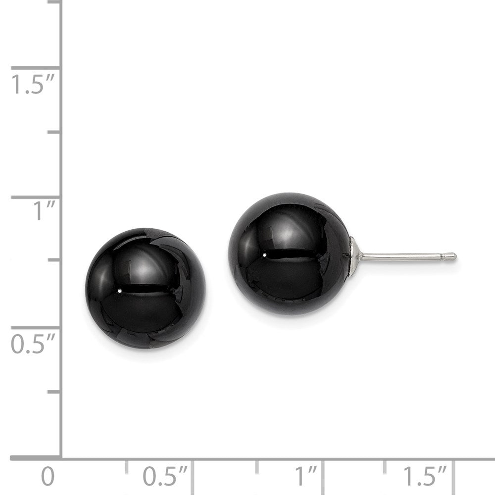QE6338 Sterling Silver Rhod-pltd 12-12.5mm Black Agate Ball Post Earrings
