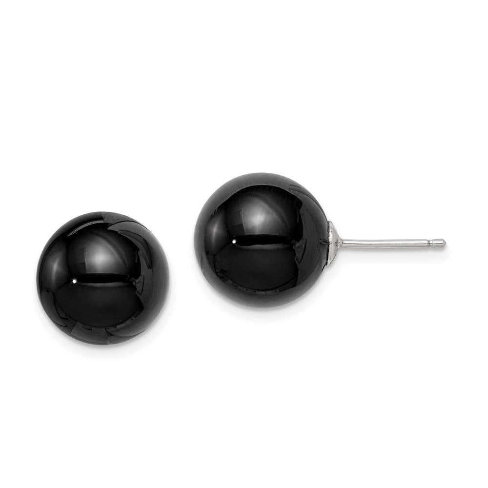 QE6338 Sterling Silver Rhod-pltd 12-12.5mm Black Agate Ball Post Earrings