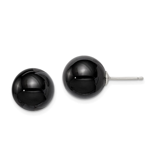 QE6338 Sterling Silver Rhod-pltd 12-12.5mm Black Agate Ball Post Earrings