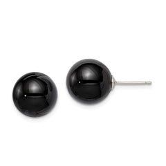 QE6338 Sterling Silver Rhod-pltd 12-12.5mm Black Agate Ball Post Earrings