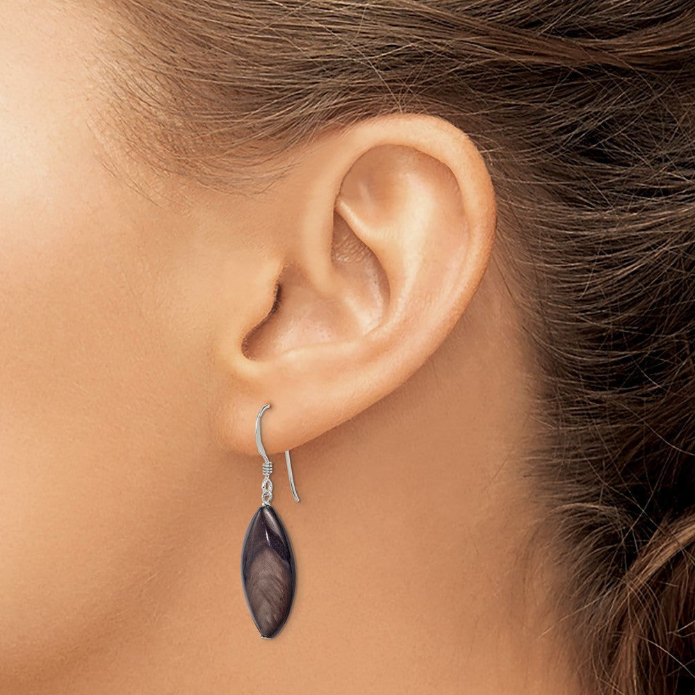 QE6344 Sterling Silver Polished Grey Mother of Pearl Marquise Dangle Earrings