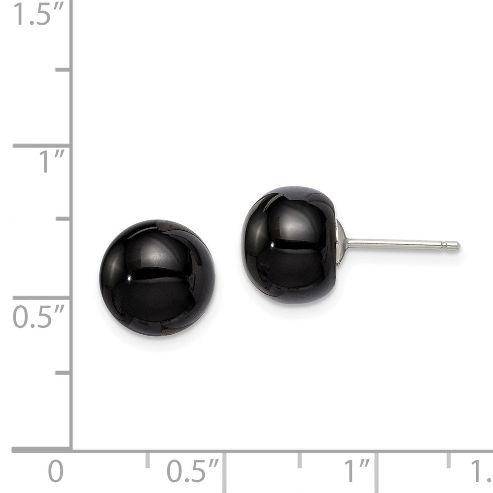 QE6348 Sterling Silver Rhod-pltd 10-10.5mm Black Agate Button Post Earrings