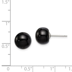 QE6348 Sterling Silver Rhod-pltd 10-10.5mm Black Agate Button Post Earrings