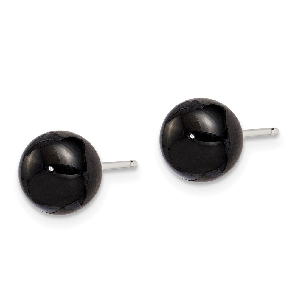 QE6349 Sterling Silver Rhod-pltd 8-8.5mm Black Agate Button Post Earrings
