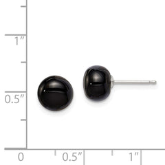 QE6349 Sterling Silver Rhod-pltd 8-8.5mm Black Agate Button Post Earrings