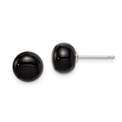 QE6349 Sterling Silver Rhod-pltd 8-8.5mm Black Agate Button Post Earrings