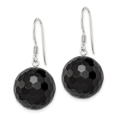 QE6362 Sterling Silver Polished 17mm Faceted Onyx Bead Dangle Earrings