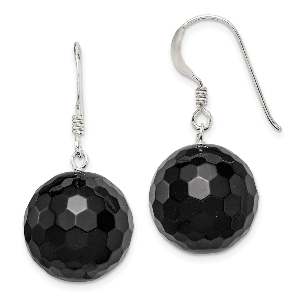 QE6362 Sterling Silver Polished 17mm Faceted Onyx Bead Dangle Earrings
