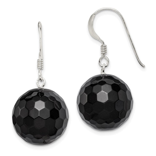 QE6362 Sterling Silver Polished 17mm Faceted Onyx Bead Dangle Earrings