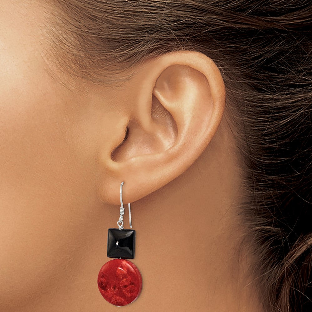 QE6371 Sterling Silver Polished Black Agate & Recon. Red Coral Dangle Earrings