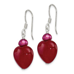 QE6380 Sterling Silver Polished Red FWC Pearl & Red Jade Heart Dangle Earrings