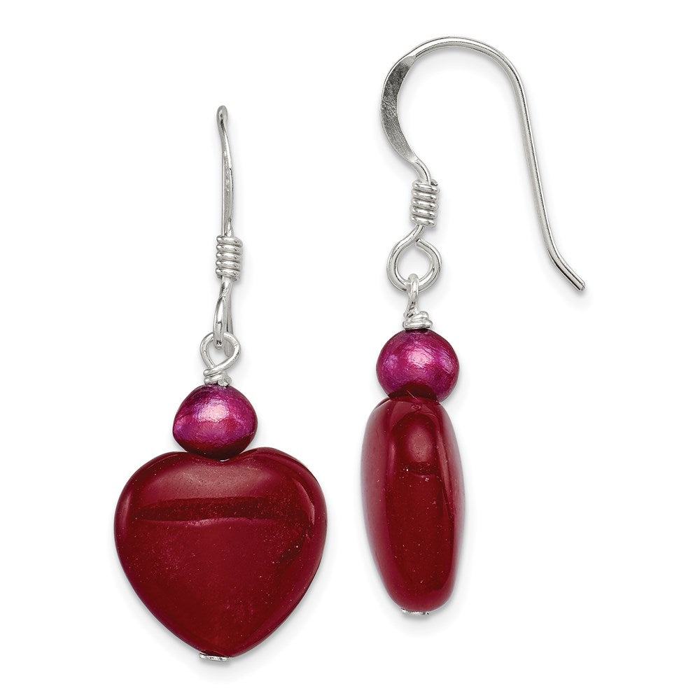 QE6380 Sterling Silver Polished Red FWC Pearl & Red Jade Heart Dangle Earrings