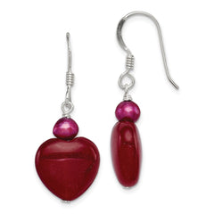 QE6380 Sterling Silver Polished Red FWC Pearl & Red Jade Heart Dangle Earrings