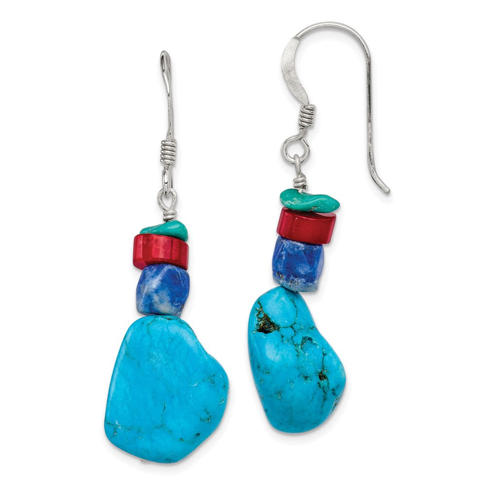 QE6386 Sterling Silver Red Coral/Howlite/Lapis/Turquoise Dangle Earrings