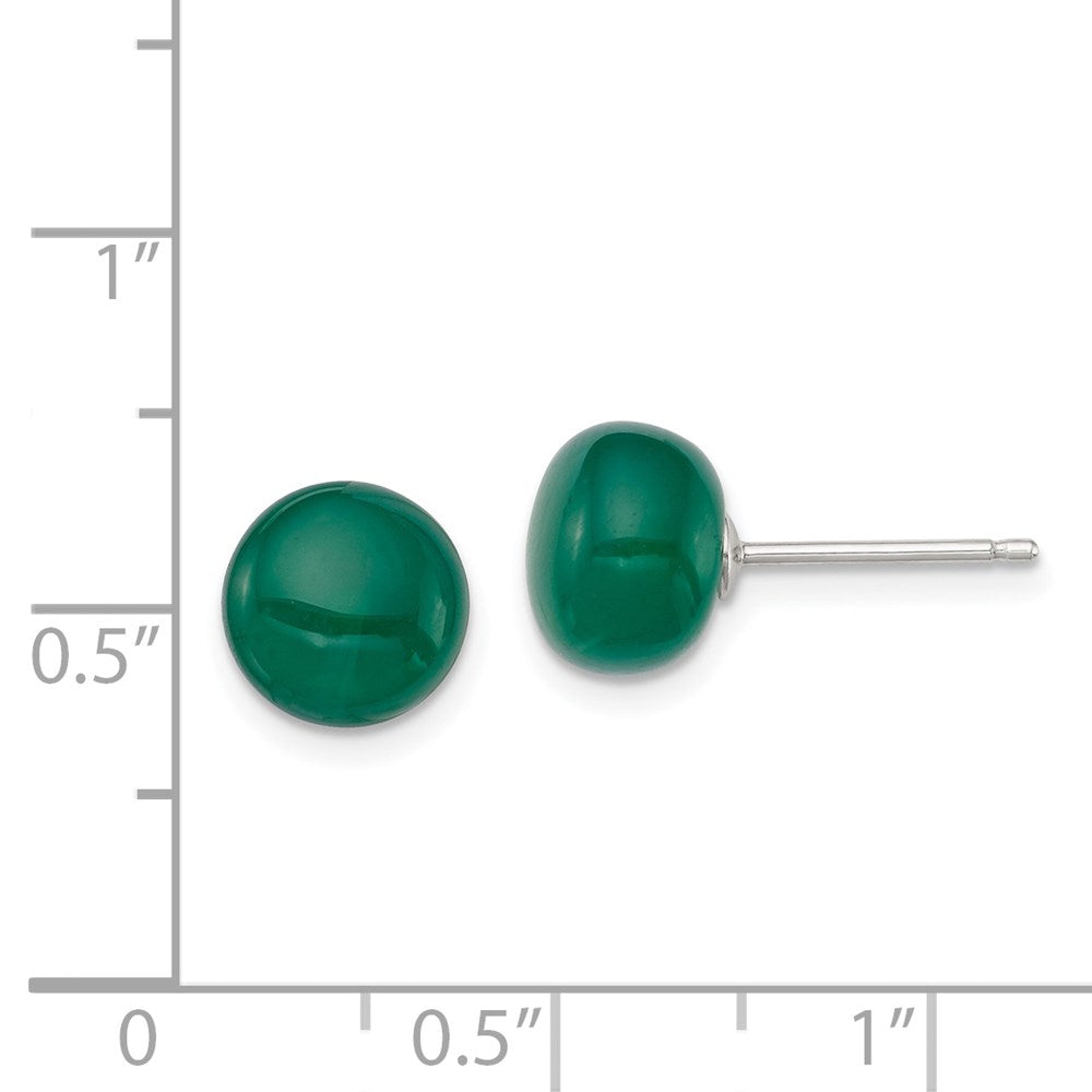 QE6425 Sterling Silver Rhod-pltd 8-9mm Dark Green Agate Button Post Earrings