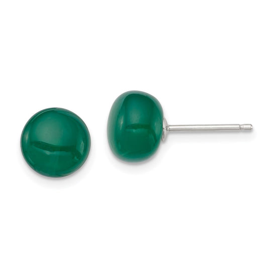 QE6425 Sterling Silver Rhod-pltd 8-9mm Dark Green Agate Button Post Earrings