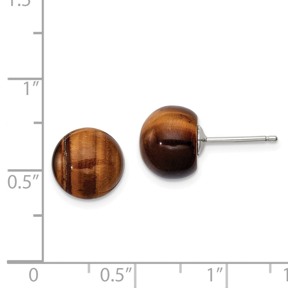 QE6434 Sterling Silver Rhod-pltd 10mm Tiger's Eye Button Post Earrings