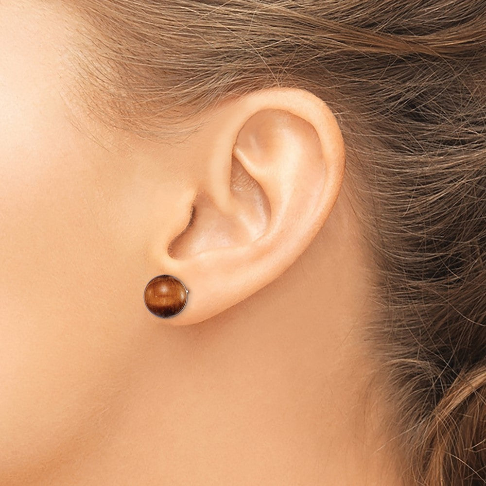 QE6435 Sterling Silver Rhod-pltd 10mm Tiger's Eye Round Post Earrings