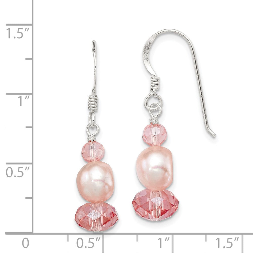 QE6443 Sterling Silver Polished Peach Crystal & Pink FWC Pearl Dangle Earrings