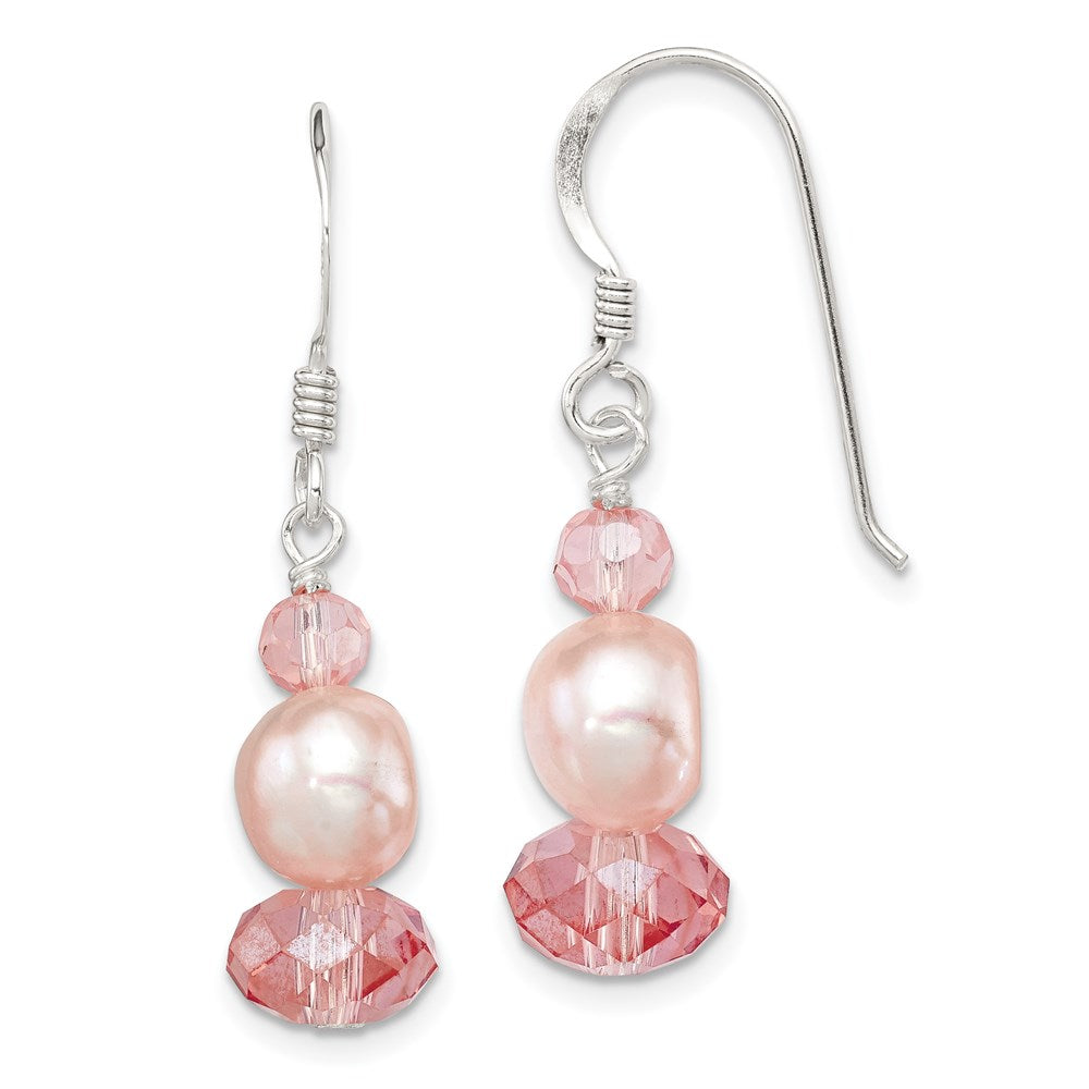 QE6443 Sterling Silver Polished Peach Crystal & Pink FWC Pearl Dangle Earrings