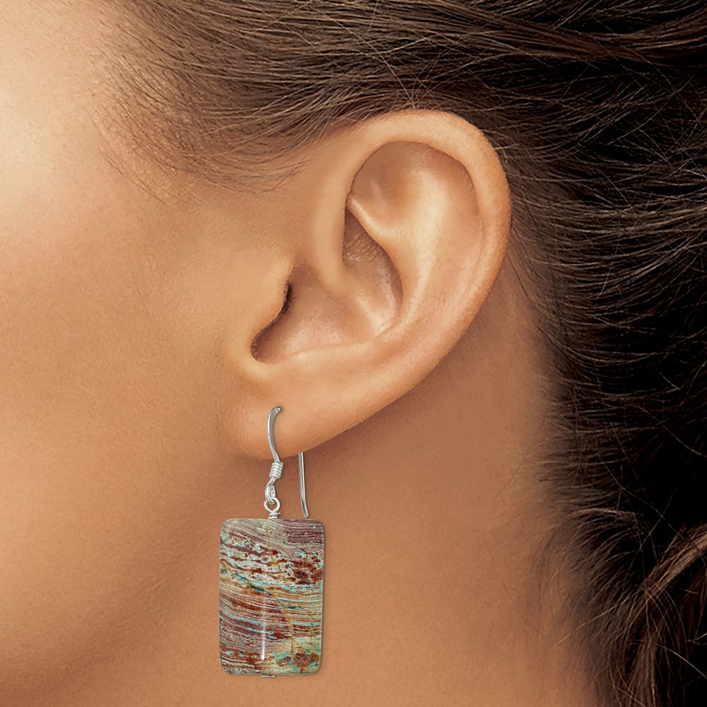 QE6467 Sterling Silver Polished Rectangular Jasper Dangle Earrings