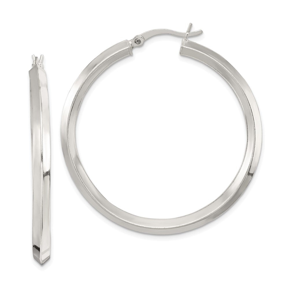 QE6502 Sterling Silver Polished 3x40mm Knife Edge Round Hoop Earrings