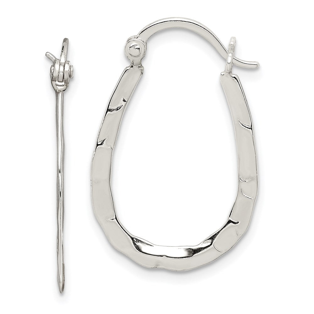 QE6621 Sterling Silver Polished & Hammered Oval Hoop Earrings